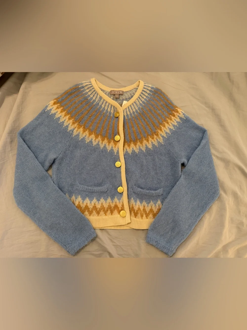 NWT J. CREW Light Blue Fair Isle Cardigan Size M Brushed Yarn Gold Buttons Cozy